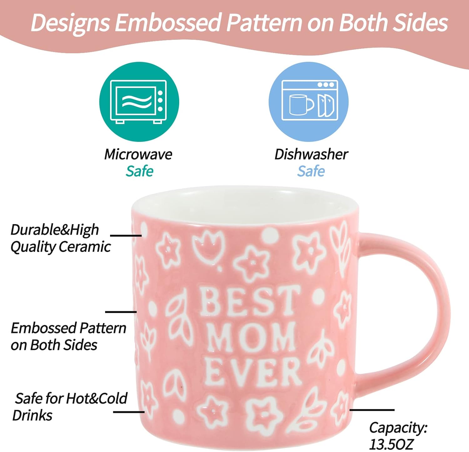 Tergi Mothers Day Gifts - Best Mom Ever Mug Gifts for Mom - Floral Embossed Pattern Ceramic Coffee Mug 13.5OZ - Image 2