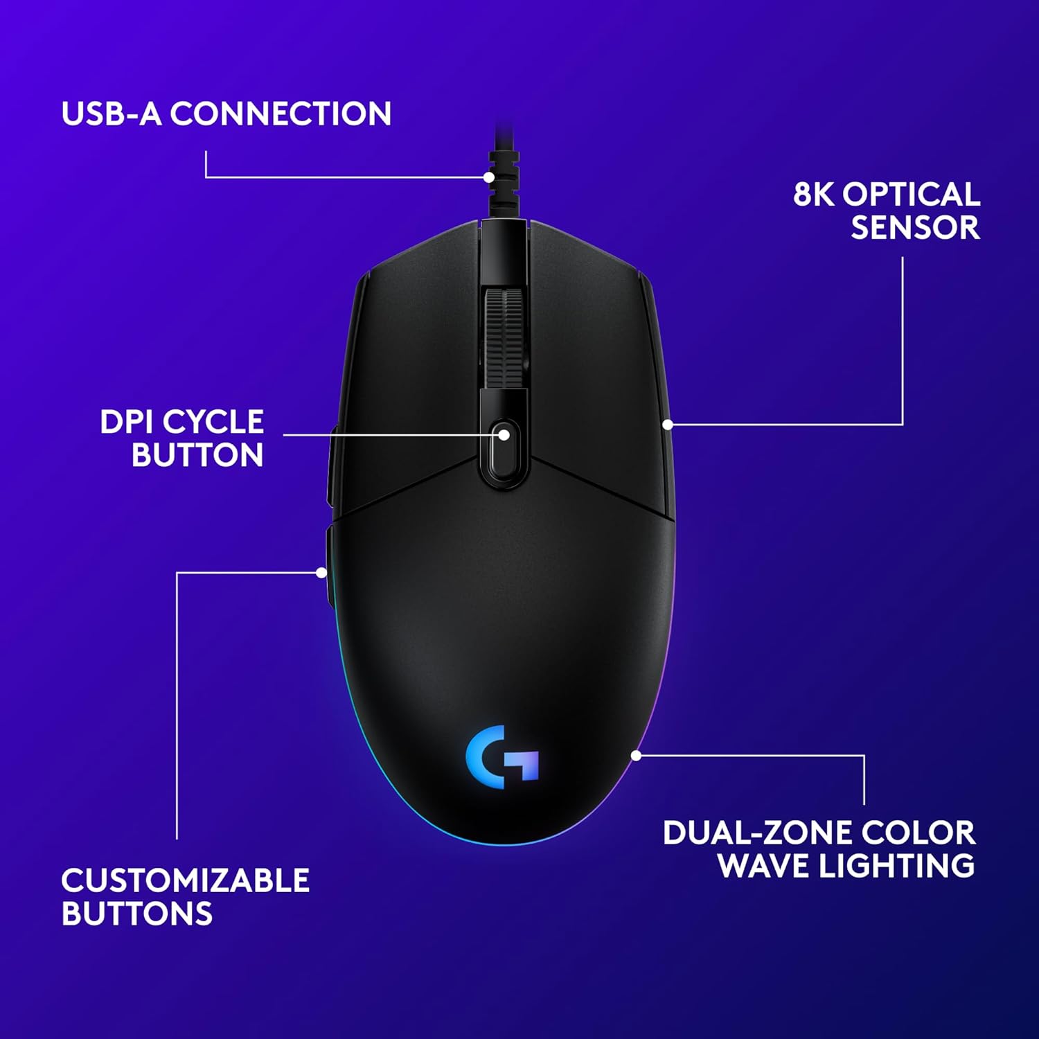 Logitech G203 Wired Gaming Mouse, 8,000 DPI, Rainbow Optical Effect LIGHTSYNC RGB, 6 Programmable Buttons, On-Board Memory, Screen Mapping, PC/Mac Computer and Laptop Compatible - Black - Image 8