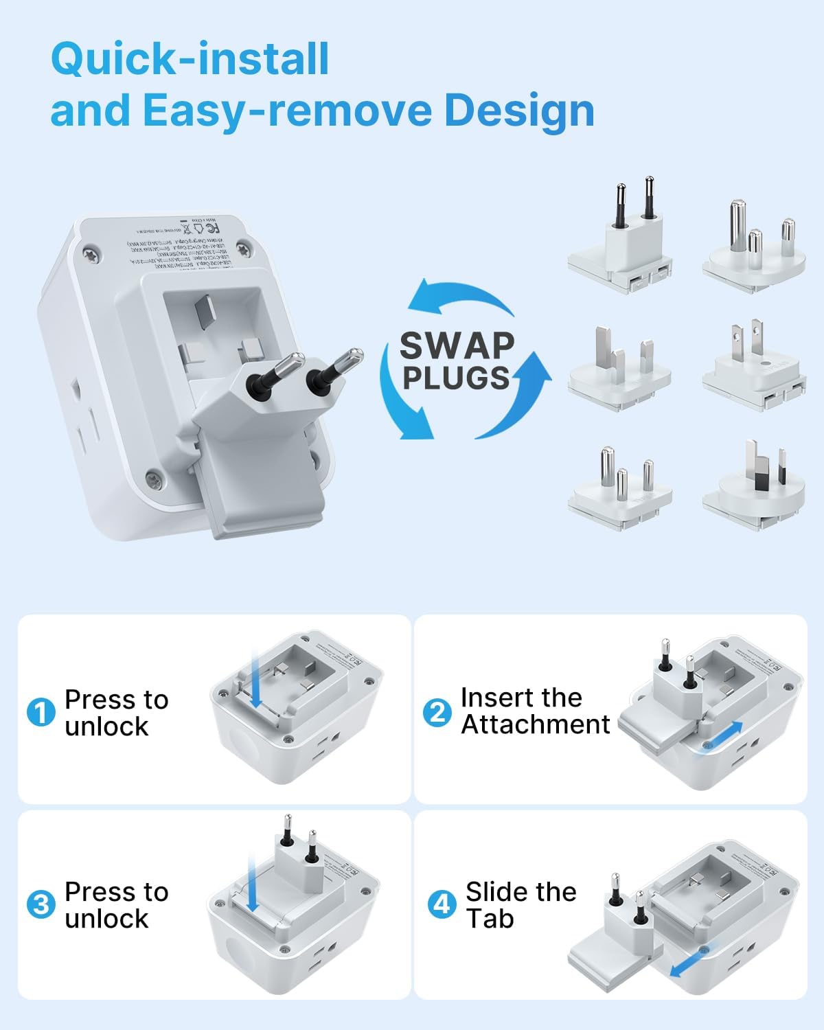 Universal Travel Adapter Kit, VINTAR International Power Adapter for Apple Watch Charger with 3 AC Outlets 4 USB Ports (2 USB C), Type A/C/D/G/I/M Detachable Plugs, US to Europe/UK/India/Africa - Image 4
