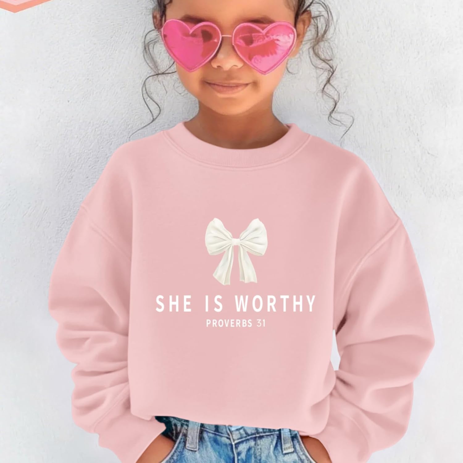 KEEVICI Girls Christian Bow Graphic Sweatshirt Cute Jesus Sweatshirts For Kids Religious Bible Verse Faith Long Sleeve Shirts - Image 3