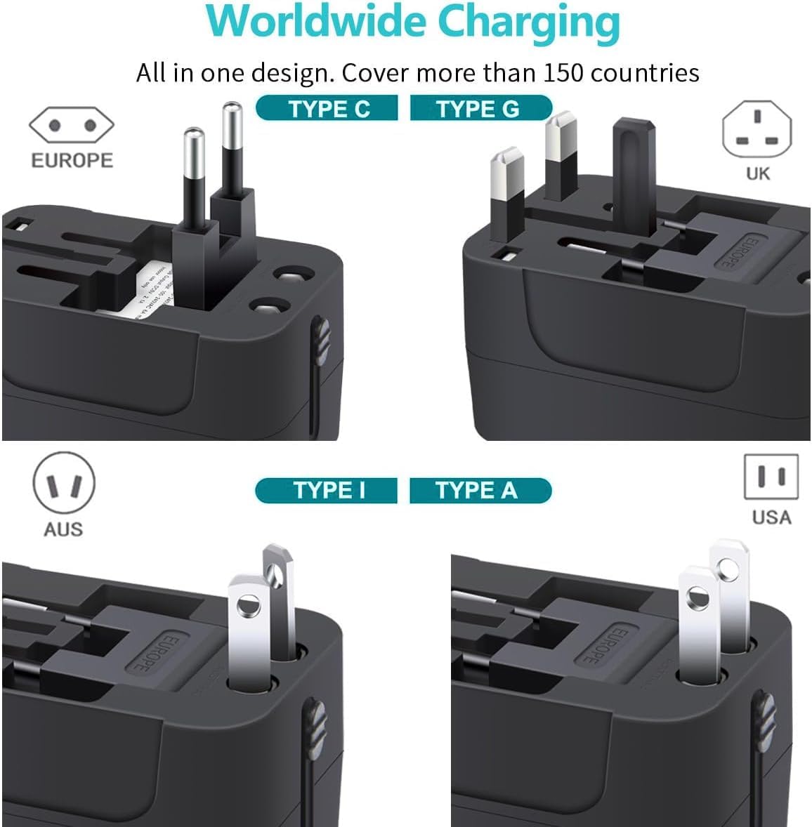 Travel Adapter, Universal Power Adapter Worldwide Wall AC Power Plug Converter Travel Charger with Type-C and USB-A Charging Ports for USA EU UK AUS Mobile Phones, Tablets, MP3s and Shavers - Image 2