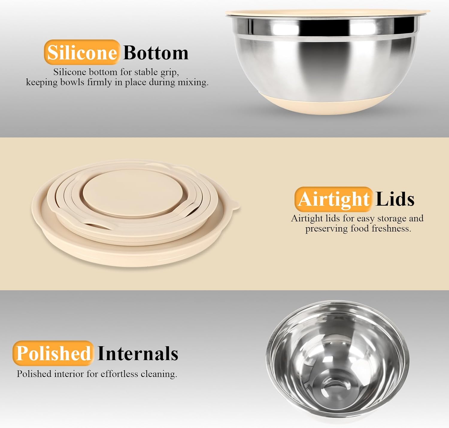 Mixing Bowls with Airtight Lids Set, 20 PCS Kitchen Gadgets Set, 6 Stainless Steel Bowls,3 Grater Attachments,Non-Slip Silicone Bottoms,Great for Serving&Baking,Size 5, 4, 3.5, 2.1, 1.5, 1.1QT (Khaki) - Image 5