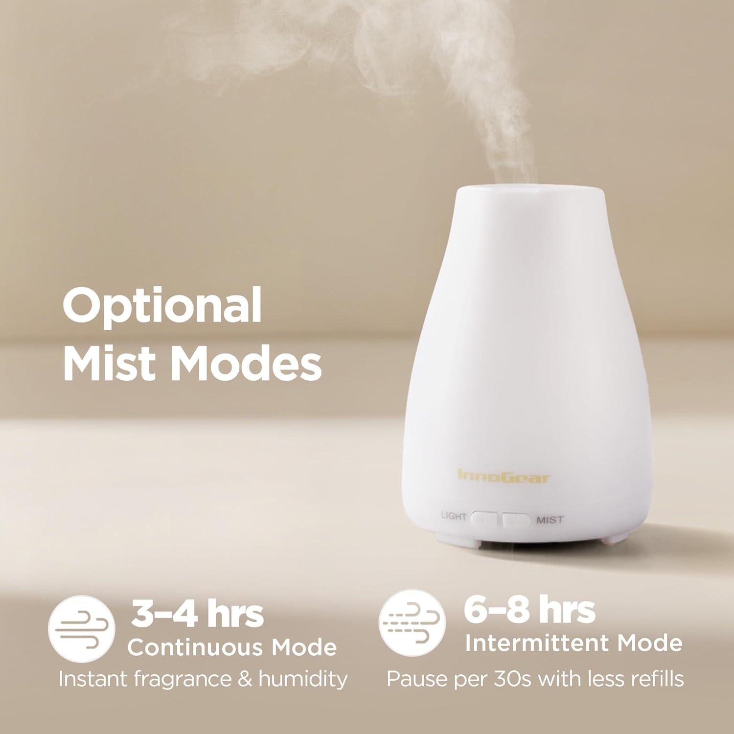 InnoGear Essential Oil Diffuser, Ultrasonic Diffusers for Home Aromatherapy Humidifier for Bedroom Room 7 Colors LED 2 Mist Mode Auto Off, Basic White - Image 3