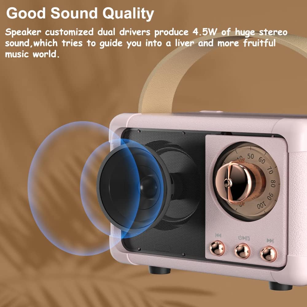 Retro Bluetooth Speaker, Portable Wireless Speaker with Crystal Clear Stereo Sound Rich Bass, Best Birthday Gifts Ideas for Women Teenage (Pink) - Image 3