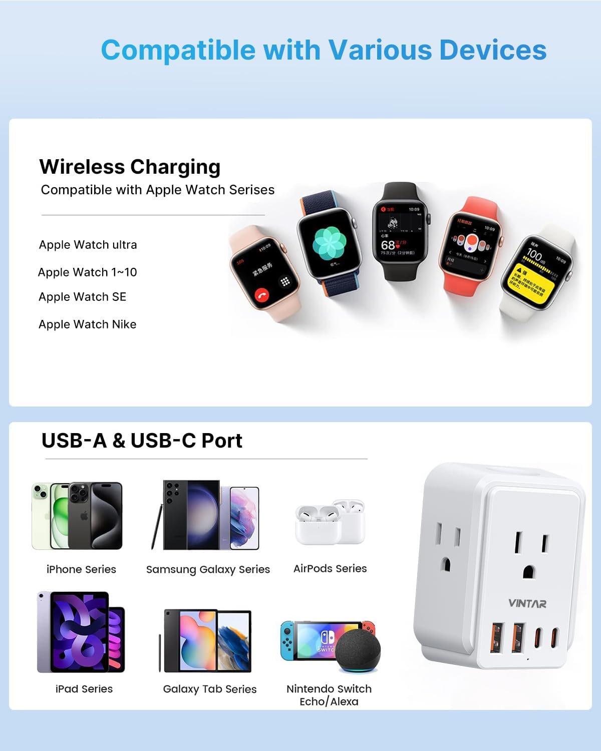 Universal Travel Adapter Kit, VINTAR International Power Adapter for Apple Watch Charger with 3 AC Outlets 4 USB Ports (2 USB C), Type A/C/D/G/I/M Detachable Plugs, US to Europe/UK/India/Africa - Image 6
