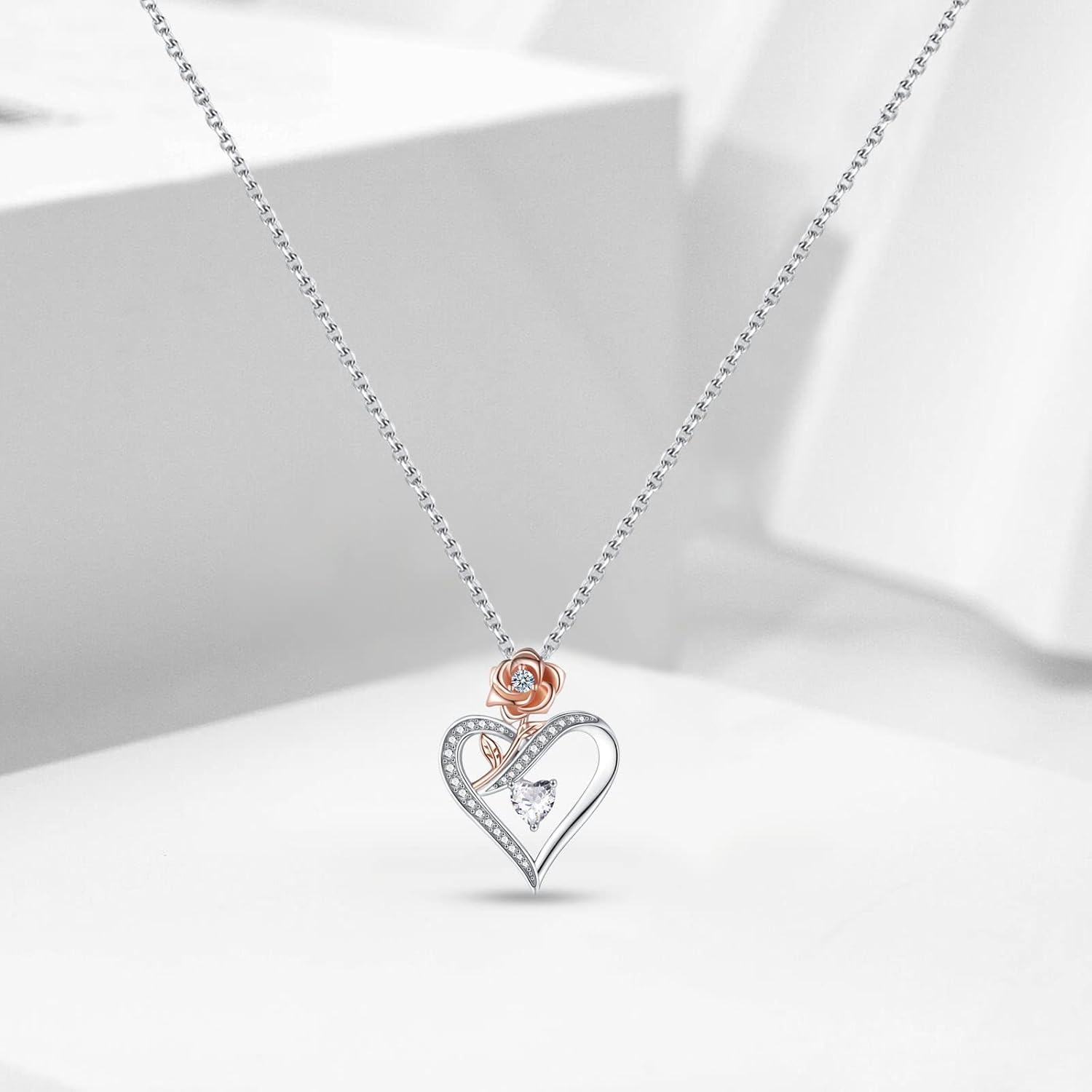 Heart Necklace for Women, Sterling Silver Cubic Zirconia Necklace with Rose, Love Jewelry Gift for Wife, Girlfriend, Mom on Christmas, Valentine's Day, Birthday, Anniversary - Image 4