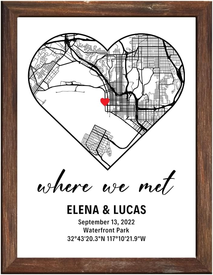 Custom Map Heart Design Framed Canvas - Where We Met Personalized Couple Gift Cotton Sheet with Frame Couple Map Framed Wooden Love Frame, Valentines Day (Heart Custom - B&W) - Image 2