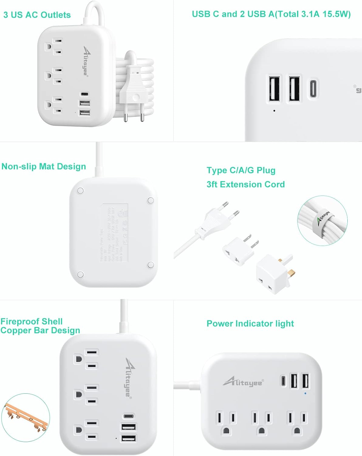 European Travel Plug Adapter, Alitayee EU/UK/US Travel Power Strip with 3 Outlets 3 USB Ports, International Universal Plug Adapter with 3ft Extension Cord to EU UK Italy Spain France Germany Cruise - Image 8