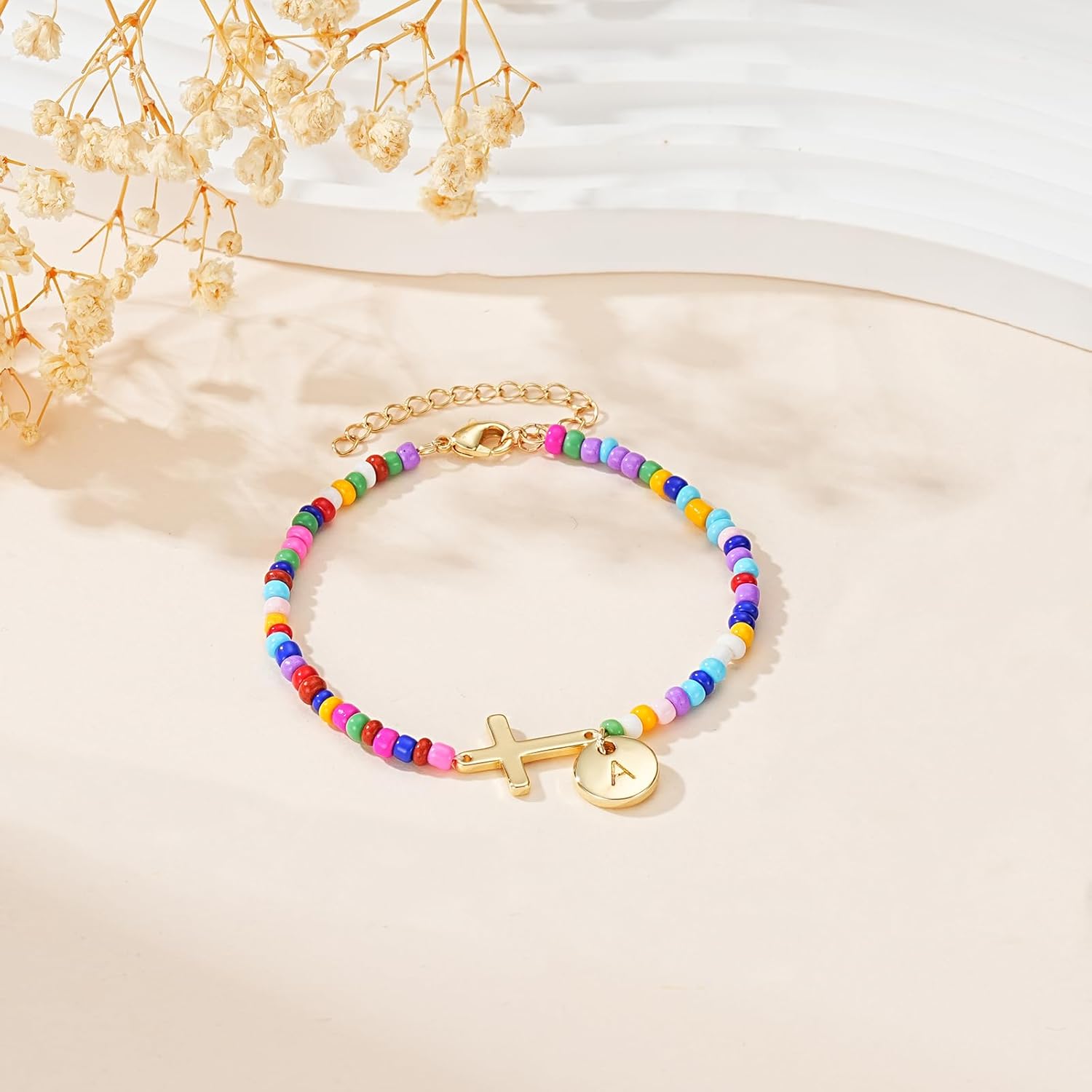 Easter Basket Stuffers for Girls Kids Teens- Cross Initial A-Z Bracelets Colorful Beaded Letter Disc Pendant Bracelet Birthday Christian Religious Jewelry Gifts for Her - Image 2