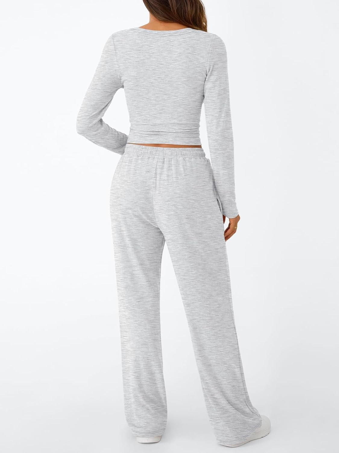 Trendy Queen Women's 2 Piece Matching Lounge Set Long Sleeve Side Ruching Top Wide Leg Drawstring Pants Set with Pockets - Image 4