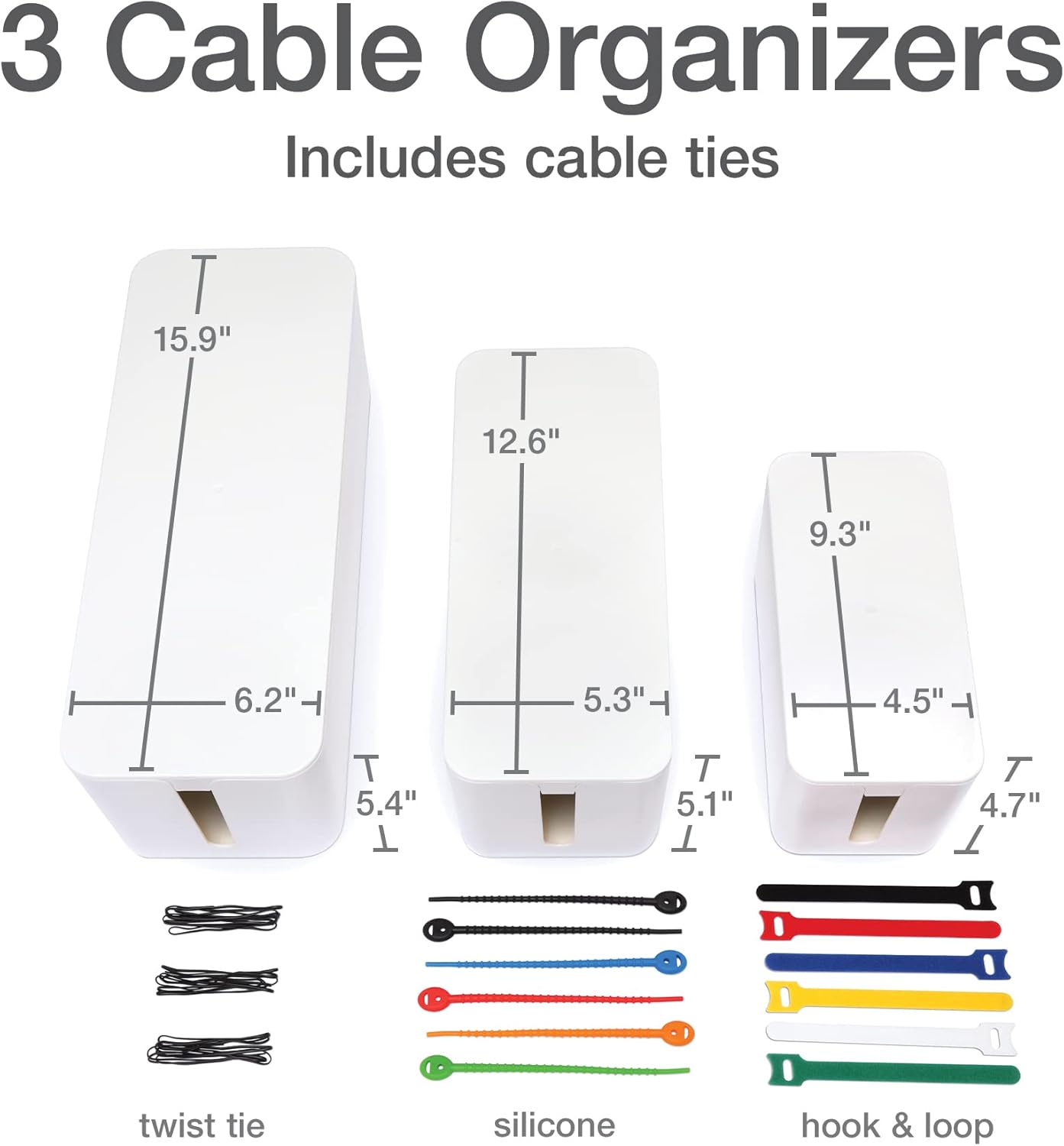 Oxford Cable Management Boxes, 3 Pack, Small, Medium, Large, 15 Cable Ties (Hook & Loop, Silicone,Twist Ties), Power Strip Organizer, White (27800) - Image 2