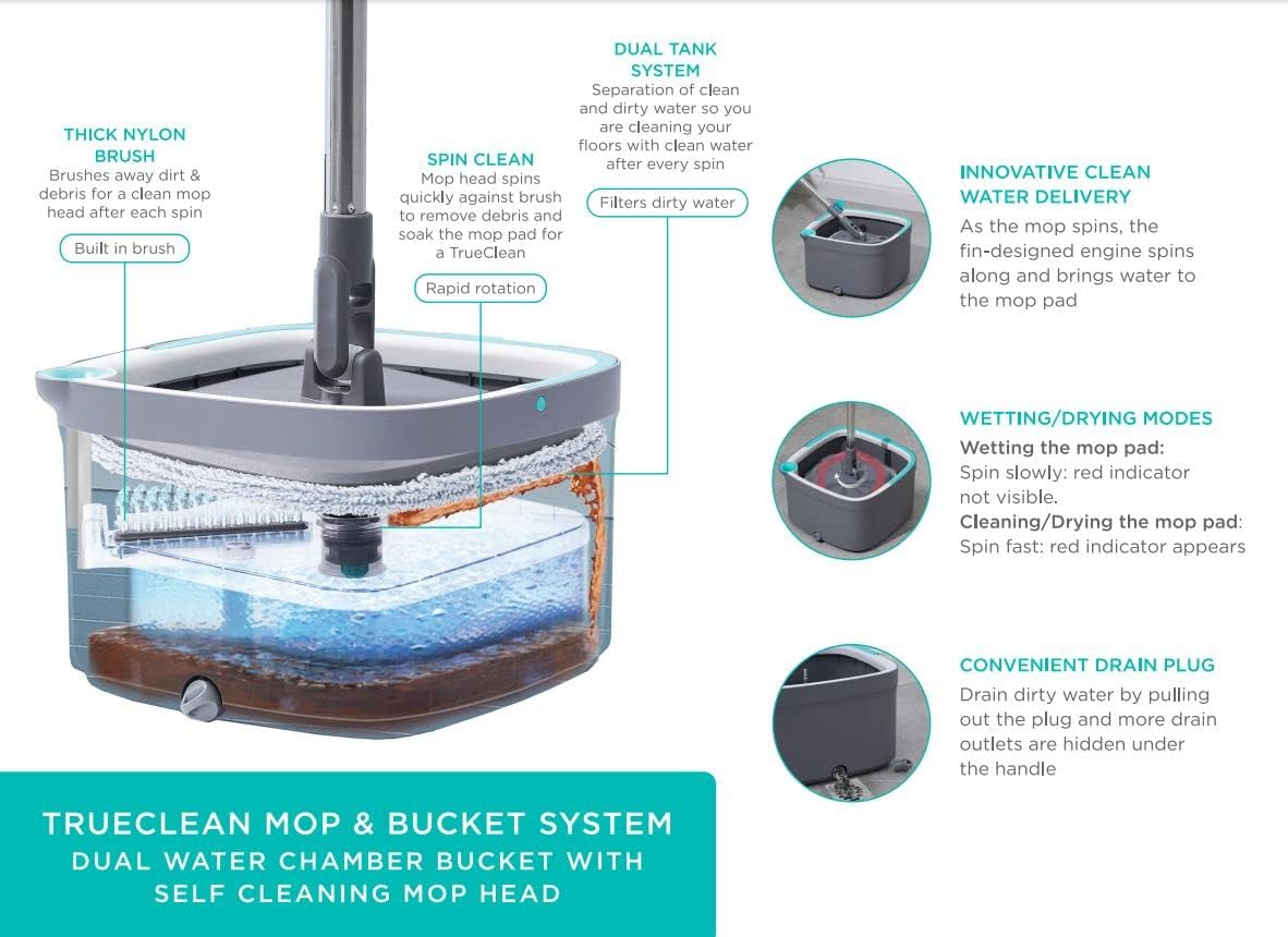 True & Tidy True Clean Spin Mop & Bucket System – Dual Compartment Design for Clean & Dirty Water, 360° Swivel Mop Head, Built-in Scrubbing Brush, Stainless Steel Handle & 2 Reusable Microfiber Pads - Image 8