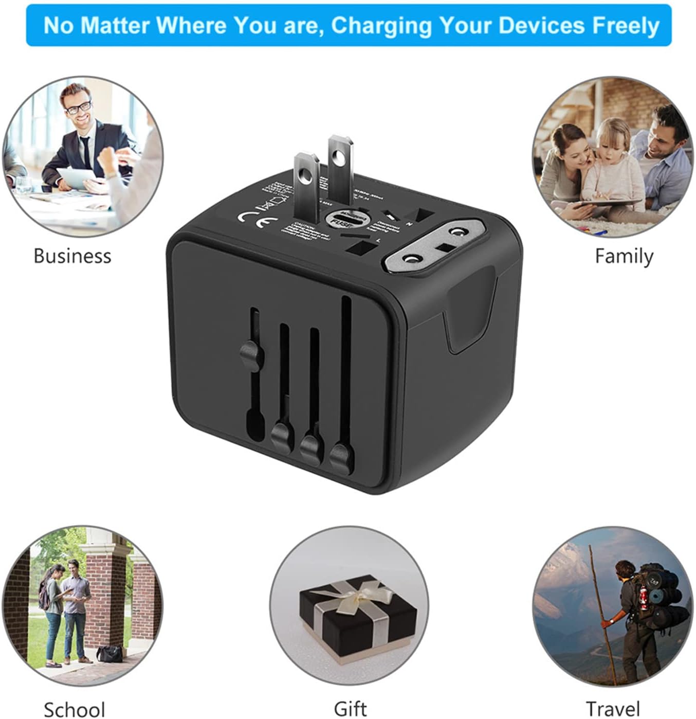 Universal International Travel Power Adapter W/High Speed 2.4A USB, 3.0A Type-C Wall Charger, European Adapter, Worldwide AC Outlet Plugs Adapters for Europe, UK, US, AU, Asia-Black - Image 8