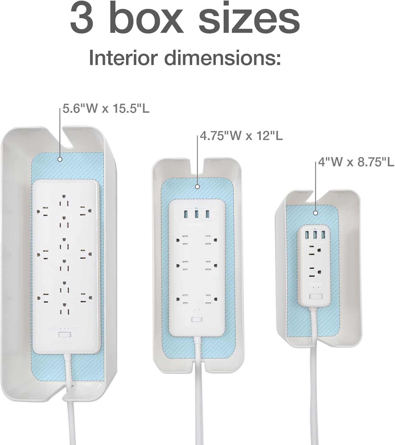 Oxford Cable Management Boxes, 3 Pack, Small, Medium, Large, 15 Cable Ties (Hook & Loop, Silicone,Twist Ties), Power Strip Organizer, White (27800) - Image 4