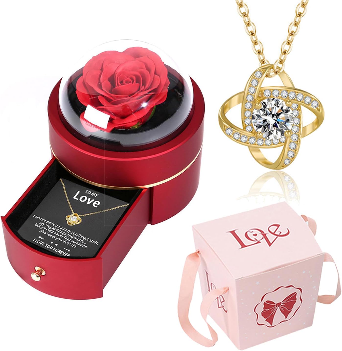Preserved Handmade Rose Box with Four Leaf Clover Necklace, Jewelry Boxes Poetry Roses Gifts for Women Her Mom Wife Girlfriend on Valentines,Mother's Day with ''To My Love'' Card (Romantic Red)