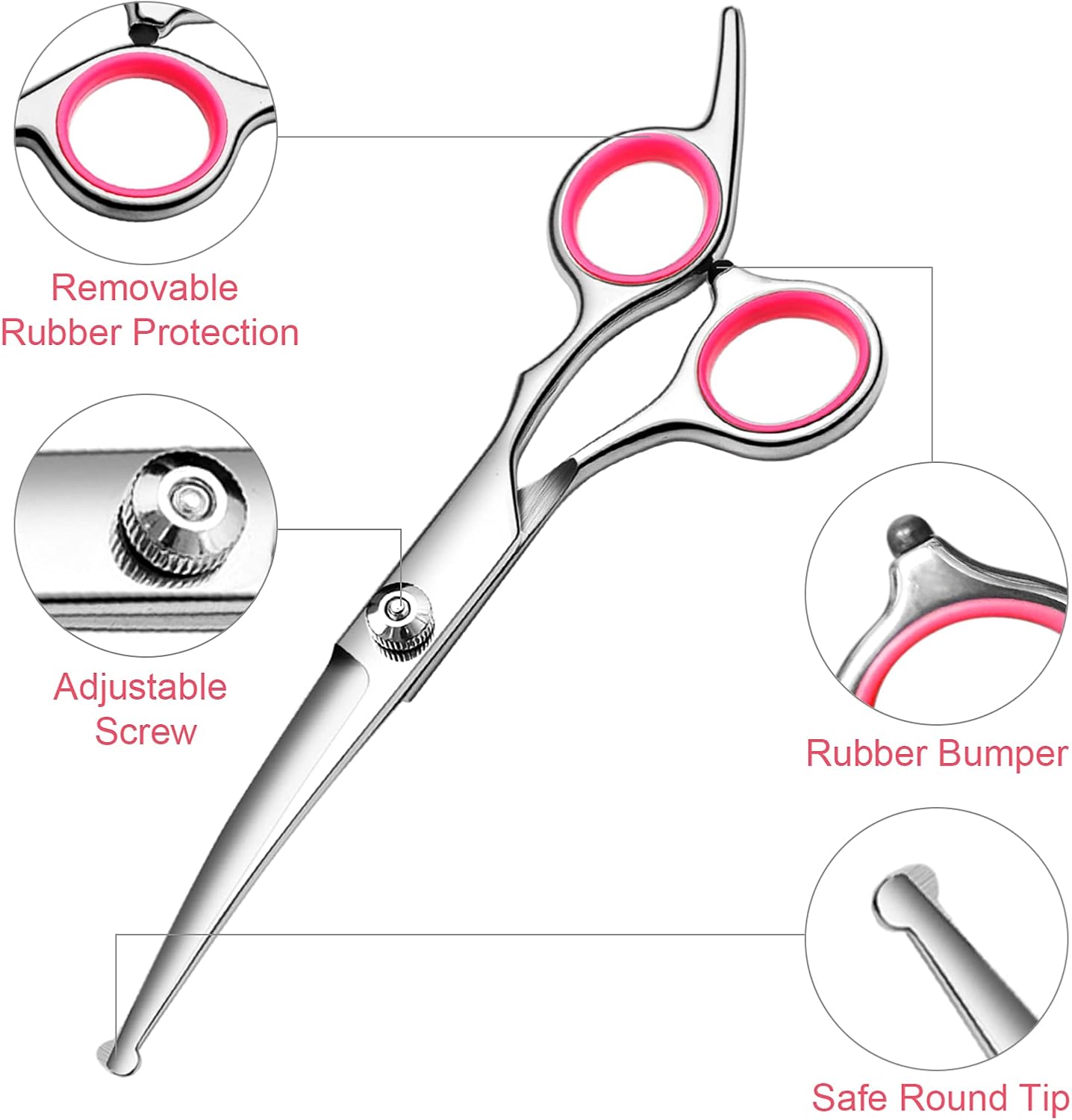 FAIGEO Dog Grooming Scissors with Safety Round Tips Stainless Steel Professional Dog Grooming Kit - Thinning, Curved Scissors and Comb for Cat Pet (Pink 4 in 1) - Image 2