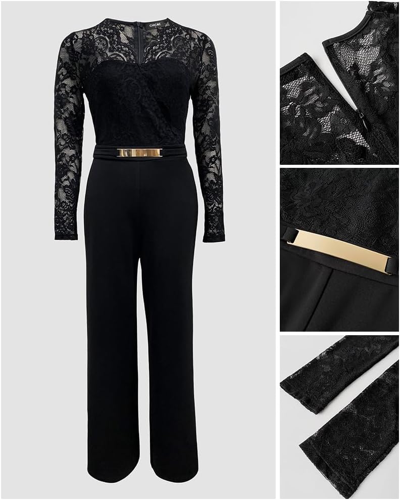 CHICME Womens Dressy Lace Jumpsuit Casual Fall Long Sleeve V-Neck Straight Leg Overalls - Image 6