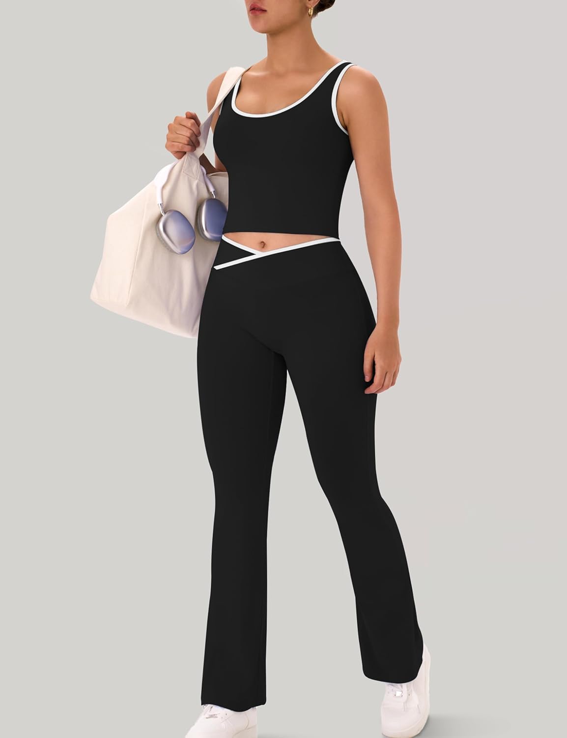 OLCHEE Womens Workout Sets 2 Piece Gym Yoga Outfits Crossover Flare Leggings Crop Tank Top with Contrast Trim - Image 4
