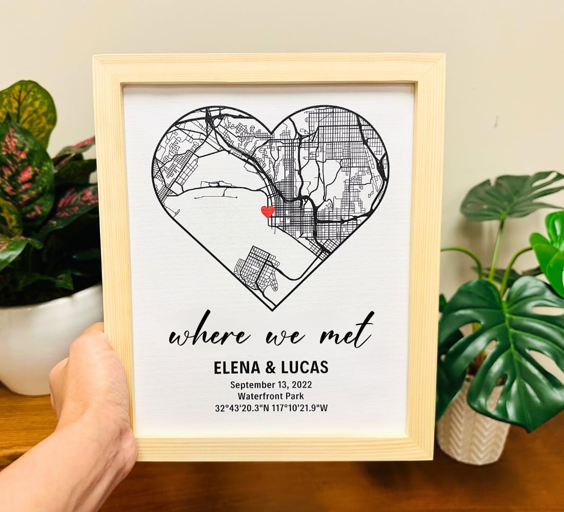 Custom Map Heart Design Framed Canvas - Where We Met Personalized Couple Gift Cotton Sheet with Frame Couple Map Framed Wooden Love Frame, Valentines Day (Heart Custom - B&W) - Image 3