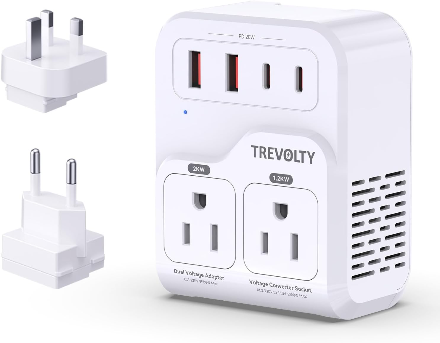 2000W Voltage Converter US to Europe for Hair Dryers, 7-in-1 220V to 110V Converter for European Travel with 3 AC/2 USBA/2 USBC Ports (PD20W) (White)