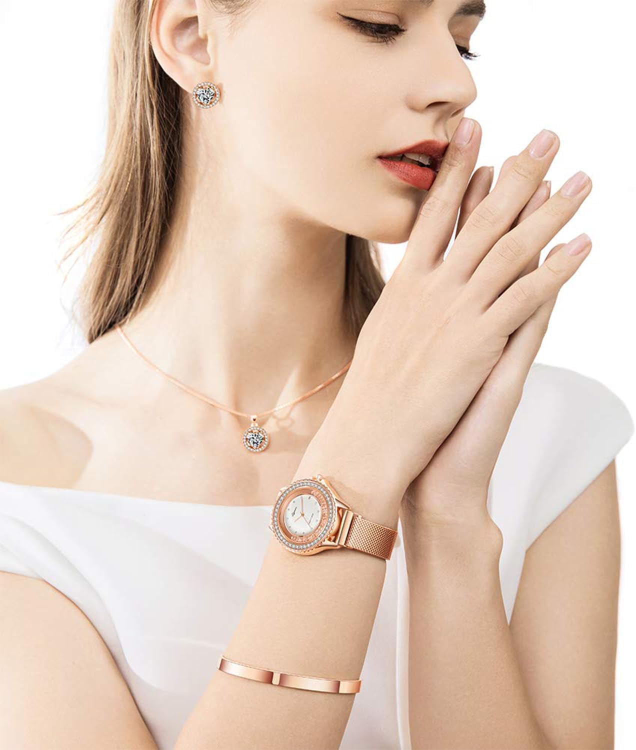 Gifts for Women Jewelry Sets, 4 Pieces Rose Gold Women's Watch Necklace Earring Bracelet Birthday Gifts for Women's Jewelry Sets for Women Gift for Wife Girlfriend Her Birthday Gift for Mom Mother - Image 2