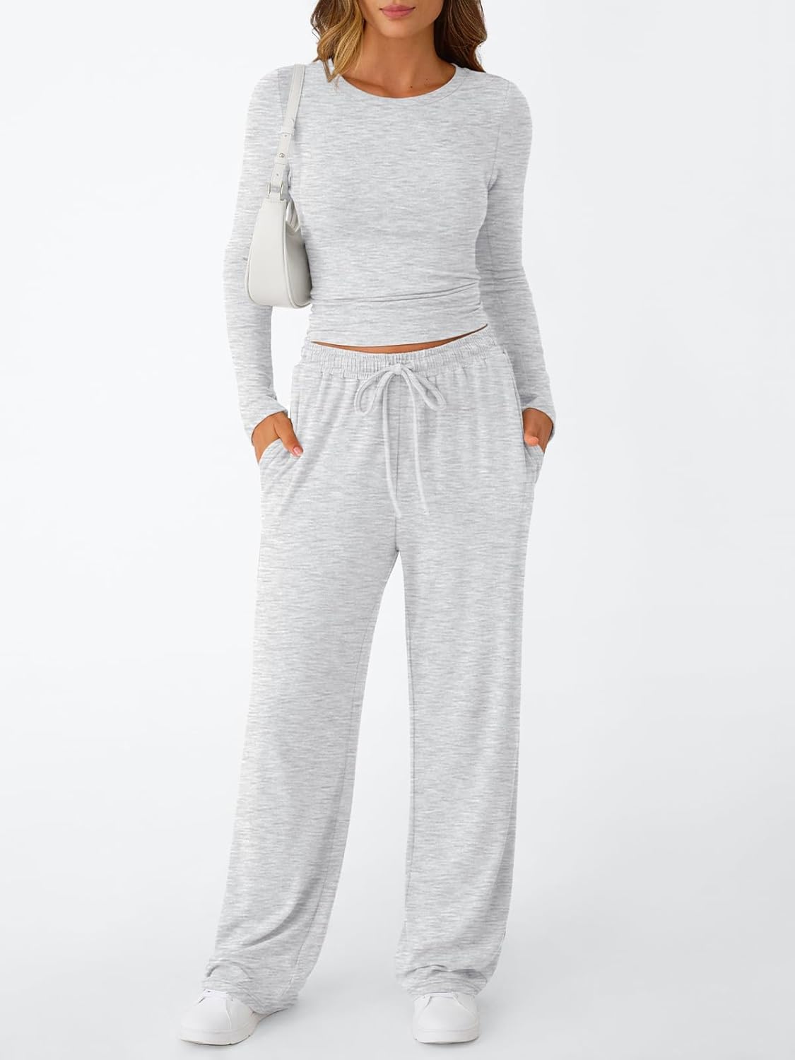 Trendy Queen Women's 2 Piece Matching Lounge Set Long Sleeve Side Ruching Top Wide Leg Drawstring Pants Set with Pockets - Image 2