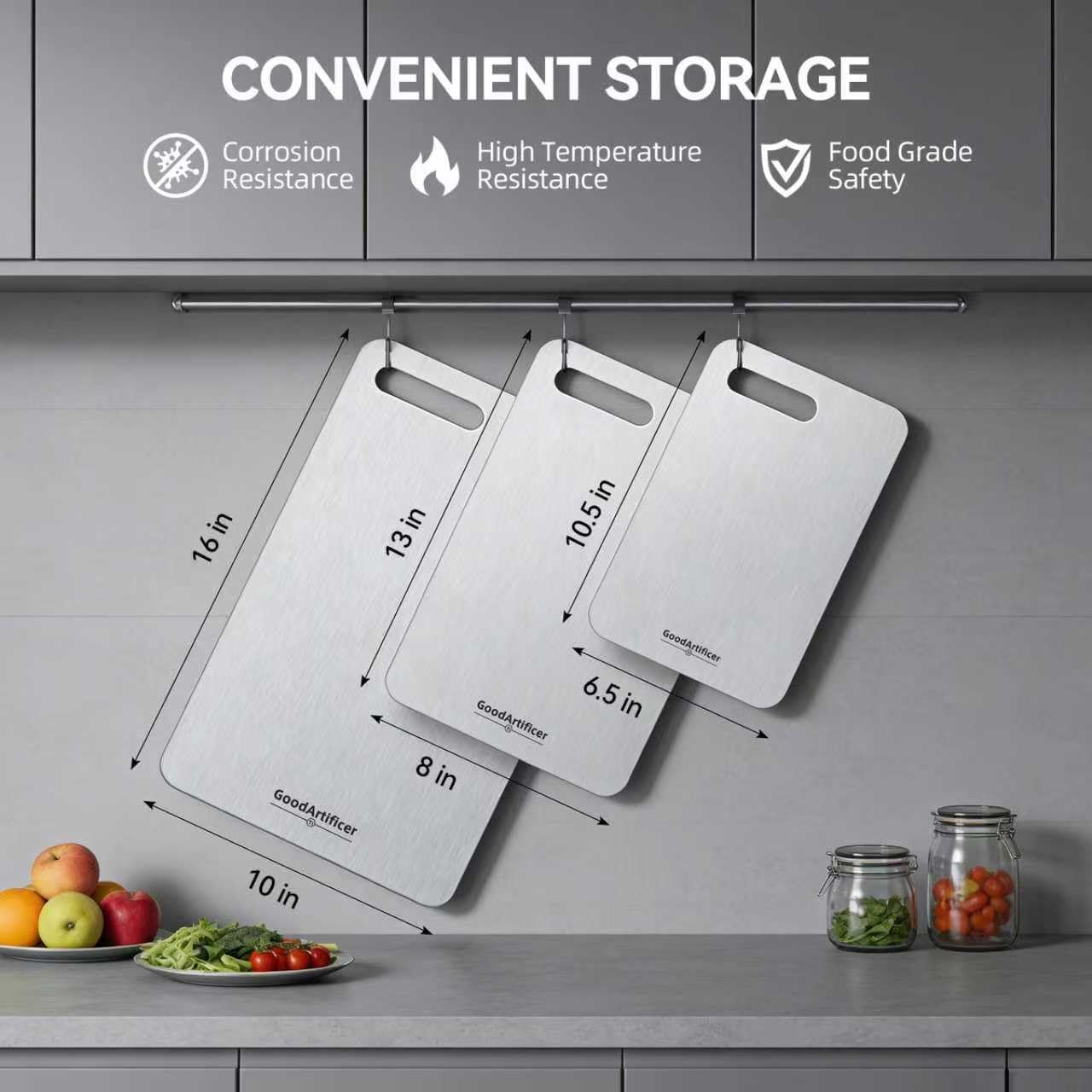 Titanium Cutting Boards Set of 3, 100% Pure Titanium Kitchen Cutting Board, Double-Sided Non-Toxic Cutting Board, Ideal for Slicing and Dicing Meats, Features Handle, Dishwasher Safe - Image 4