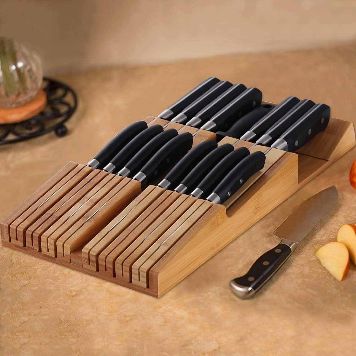 NIUXX Bamboo In-Drawer Knife Block Set for 16 Knives(Not Included), Large Kitchen Detachable Washable Cutlery Slot Organizer Storage Holder for Sharpening Steel and Cutter - Image 3