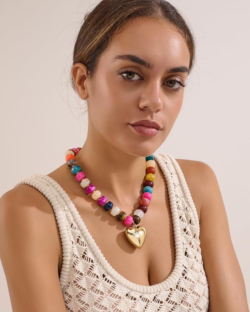 Mothers Day Gifts Puffy Gold Heart Necklaces For Women Chunky Beaded Necklace in Several Colorways Short Heart Choker Statement y2k NecklaceSummer Beach Jewelry Gift - Image 2