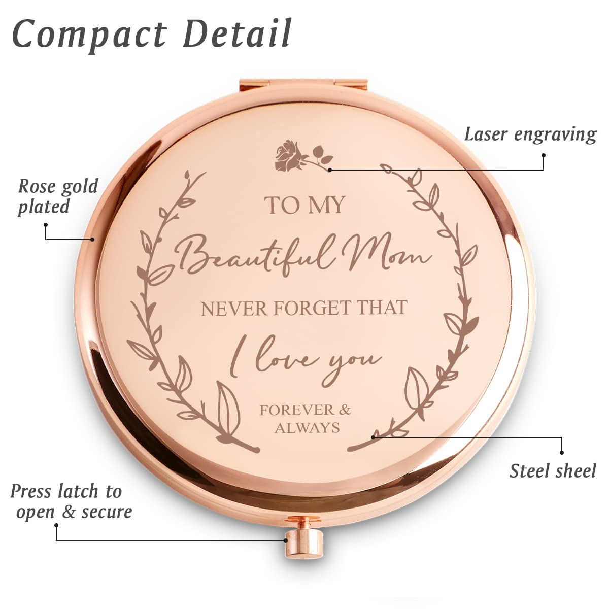 Mom Gifts from Daughter Son, Personalized Gifts for Mom Mother, Custom Engraved Compact Mirror for Christmas Stocking Stuffers Secret Santa Birthday - Image 2