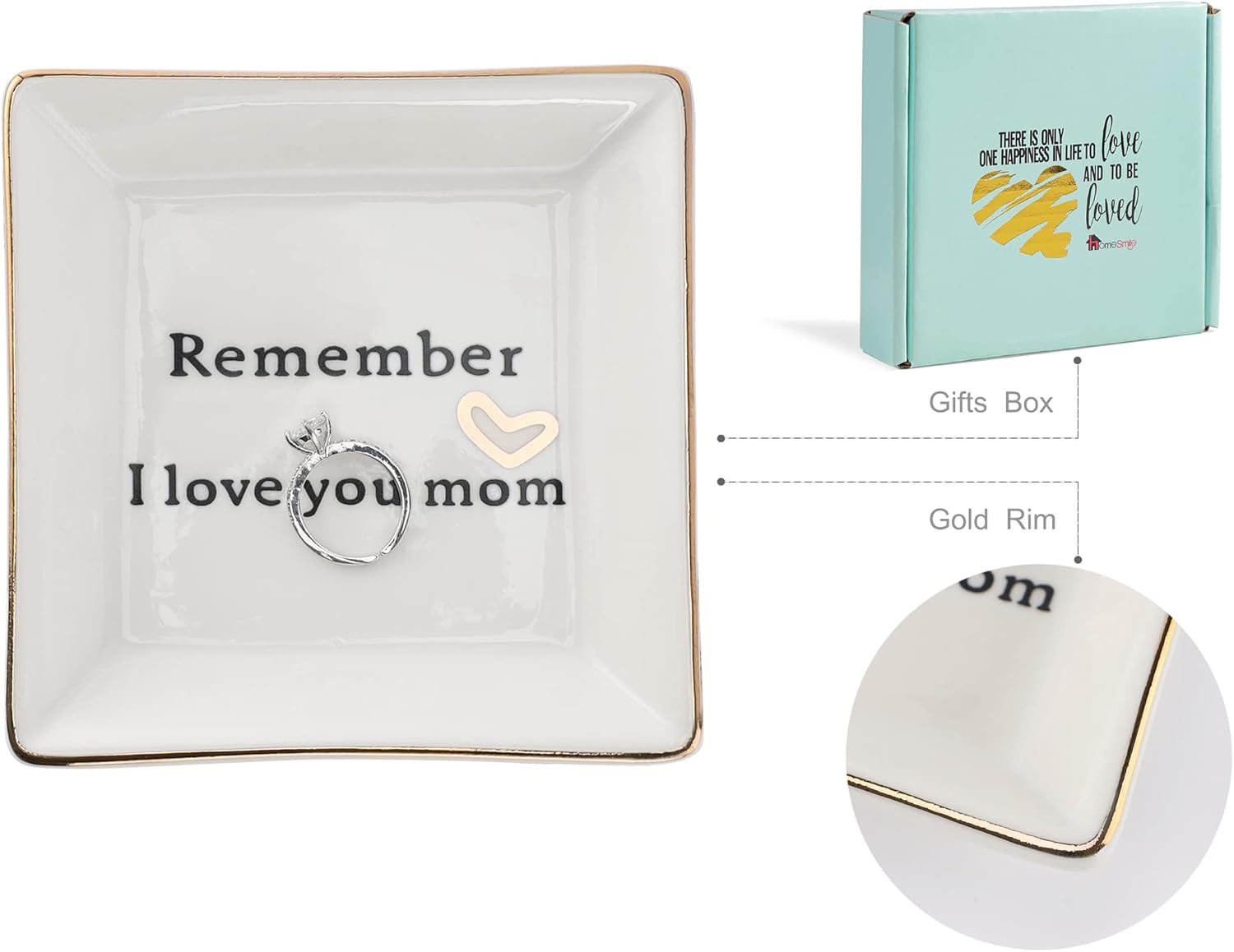 HOME SMILE Ceramic Ring Dish Jewelry Tray-Mom Gifts, Remember I Love You Mom - Birthday, Mother's Day, Christmas Gifts for Mom - Image 3