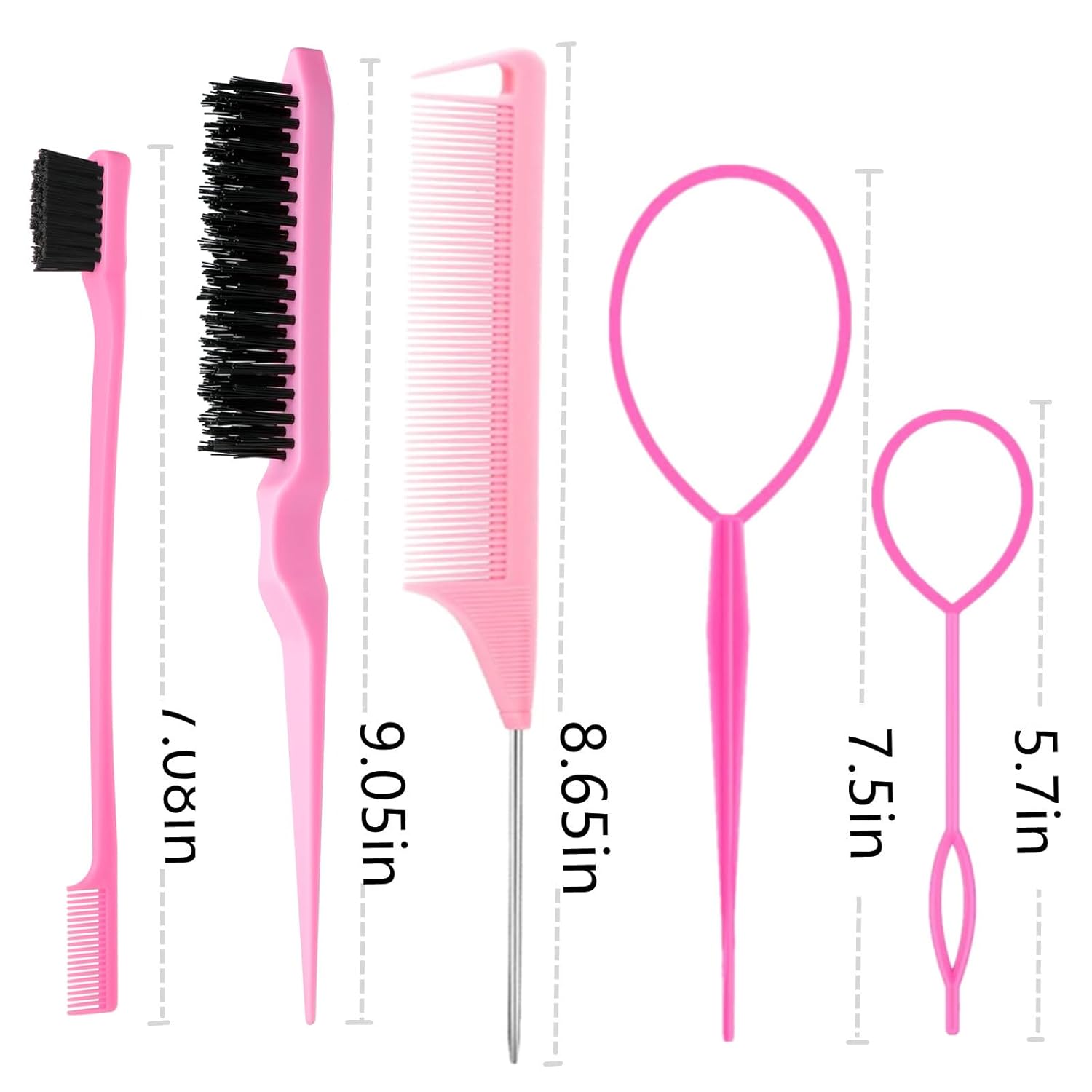 8Pcs Hair Brushes Set with 4Pcs Topsy Hair Tail Tools 1Pcs Bristle Teasing Hair Brush 1Pcs Edge Control Brush 2Pcs Metal Pin Rat Tail Combs for Woman Girl hair Styling,Edge&Back Brushing,Pink - Image 6