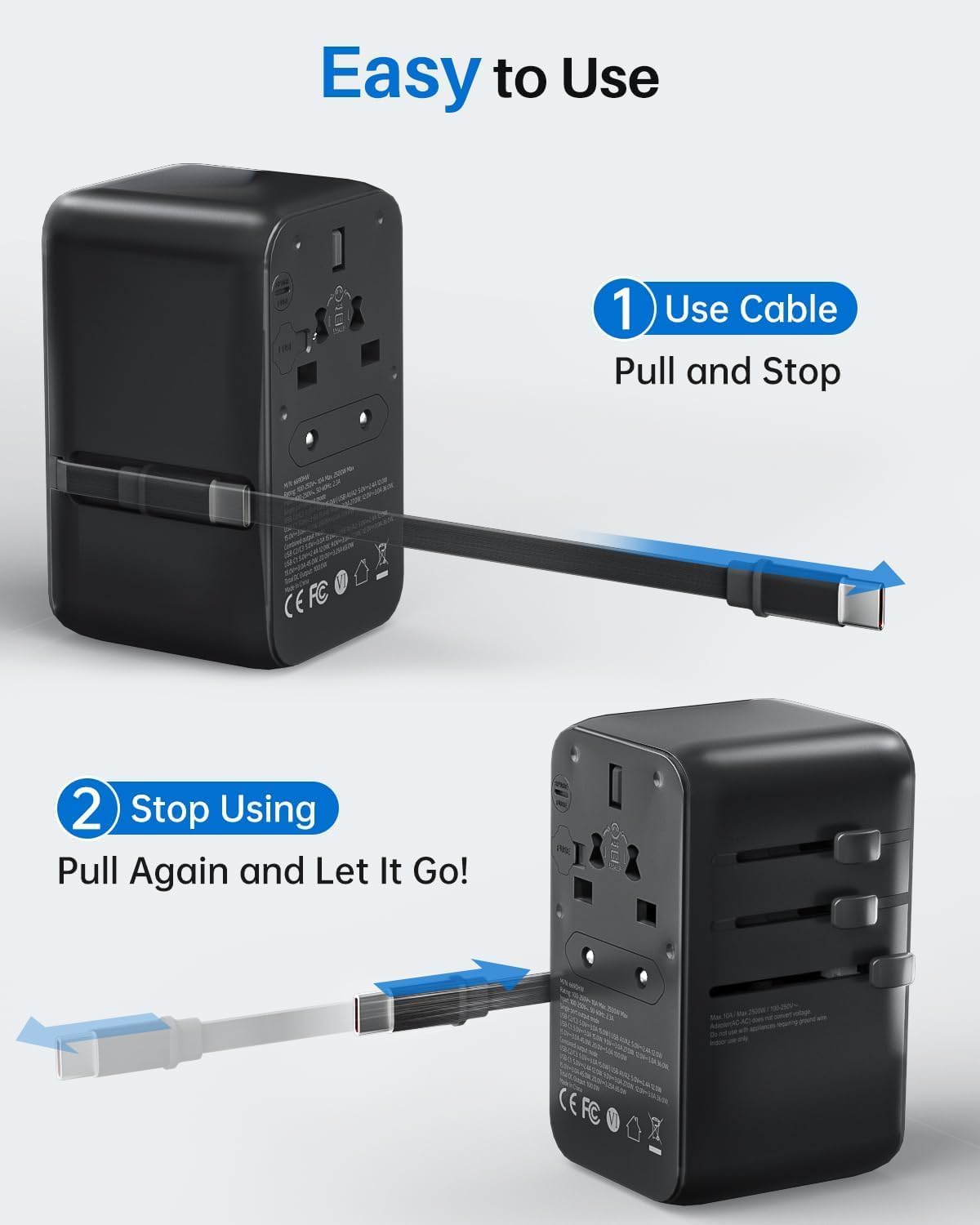 DOACE 100W GaN Universal Travel Adapter, 6-in-1 International Power Adapter, European Travel Plug with Built-in USB-C Cable, Fast Charging, Worldwide for EU UK US AUS, Travel Essentials (Black) - Image 5