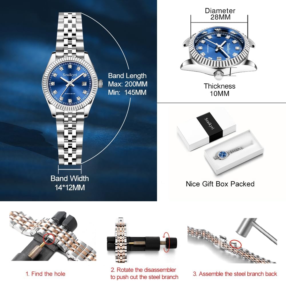 Szaikyri Classic Watch for Women with Solid Stainless Steel Band and Calendar Water Resistant - Image 6