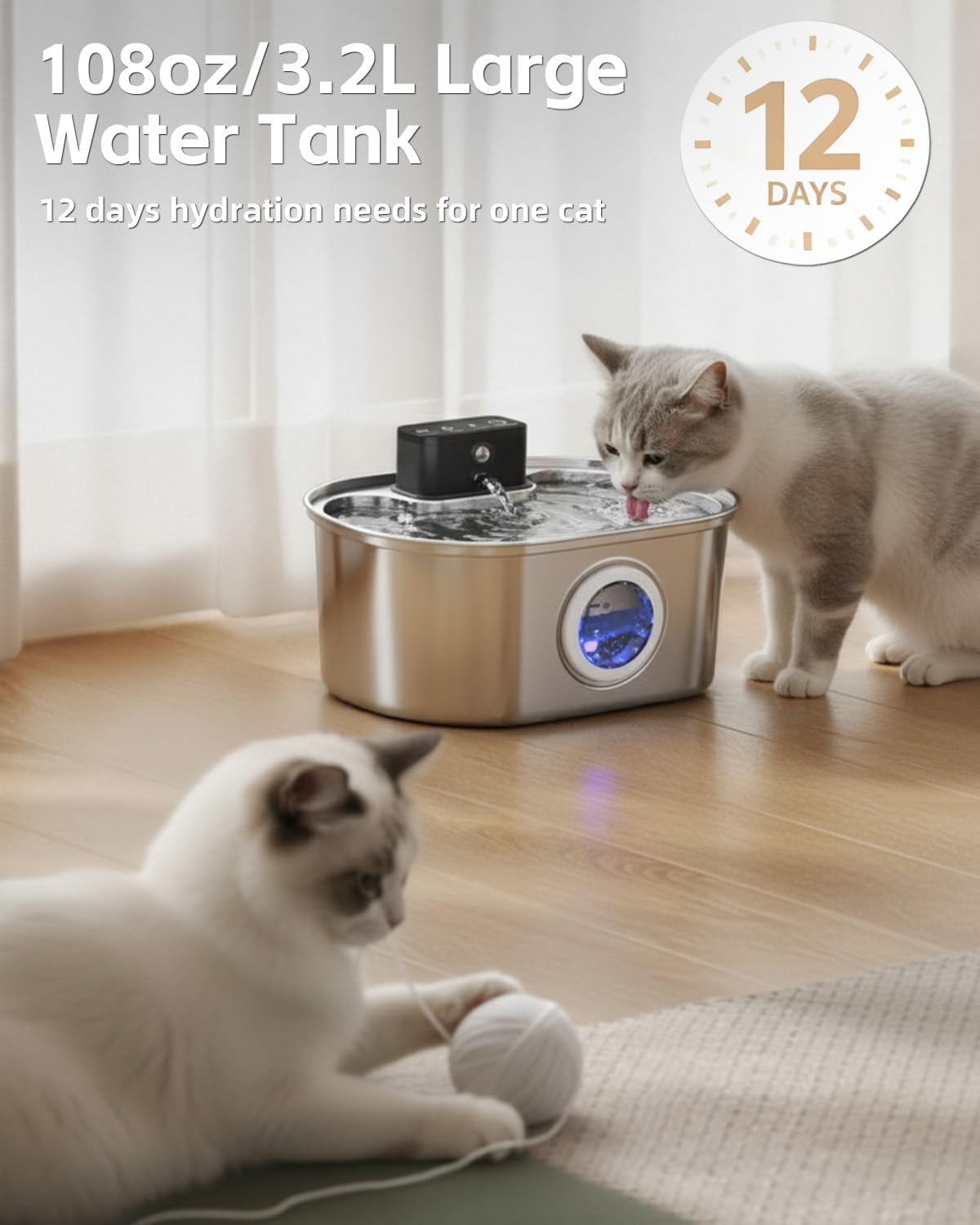Cat Water Fountain Wireless - Stainless Steel 3.2L/108oz Cordless Pet Fountain - Battery Operated Automatic Water Dispenser for Cats Indoor, with Motion Sensor & Quiet Pump - Image 4