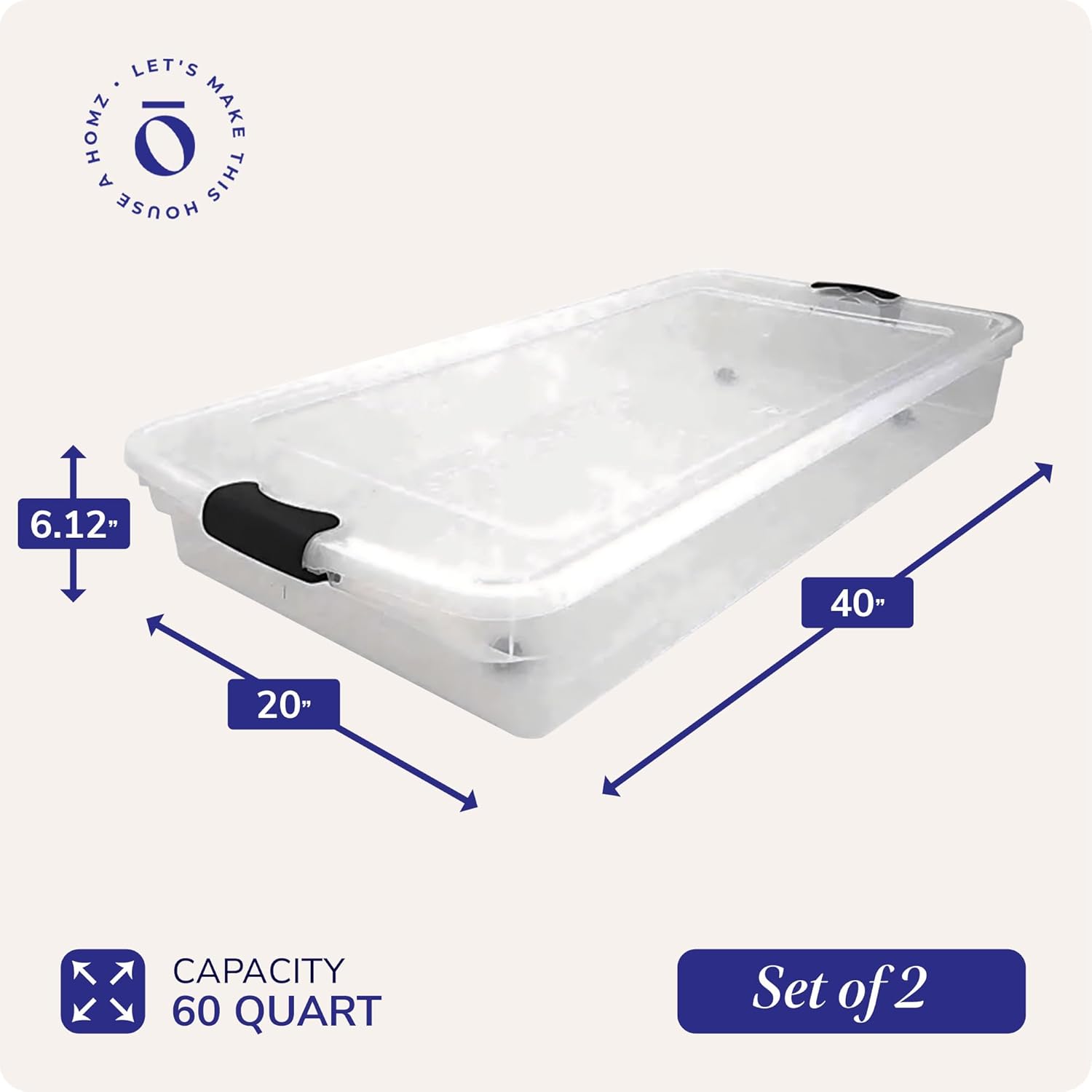 HOMZ 2-Pack Under Bed Storage, Clear Plastic Containers with Lids, 60 Quart, Gray Latch - Stackable Underbed Organizer Bins for Shoes, Bags, Clothes, and Towels - Image 4