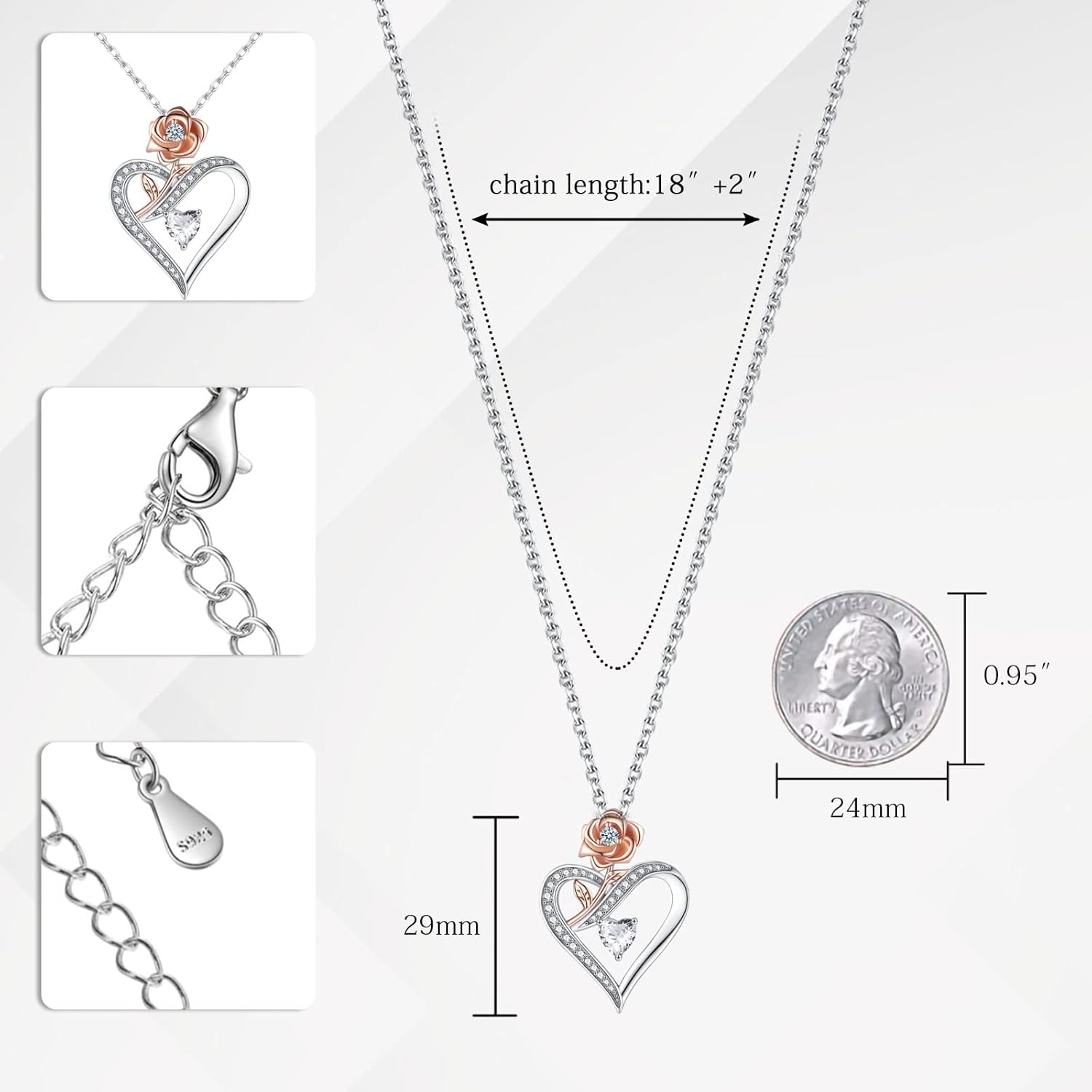 Heart Necklace for Women, Sterling Silver Cubic Zirconia Necklace with Rose, Love Jewelry Gift for Wife, Girlfriend, Mom on Christmas, Valentine's Day, Birthday, Anniversary - Image 5