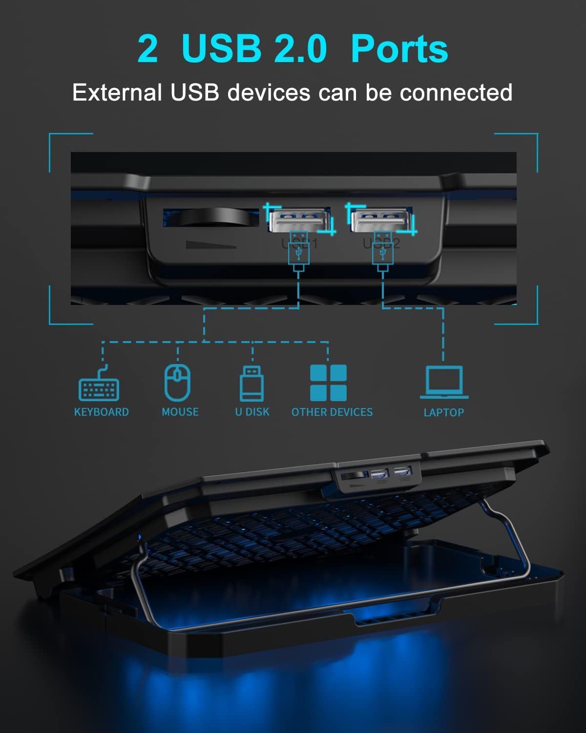 KeiBn Laptop Cooling Pad, Gaming Laptop Cooler 2 Fans for 10-15.6 Inch Laptops, 5 Height Stands, 2 USB Ports (S039) - Image 4