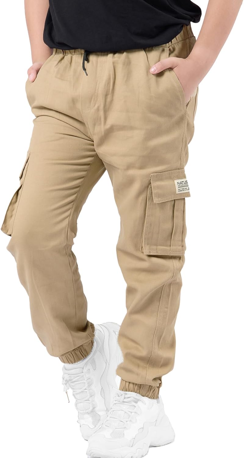 NATUST Boys Cargo Joggers Drawstring Jogging Pants Kids Elastic Waist Trousers 5-14 Years