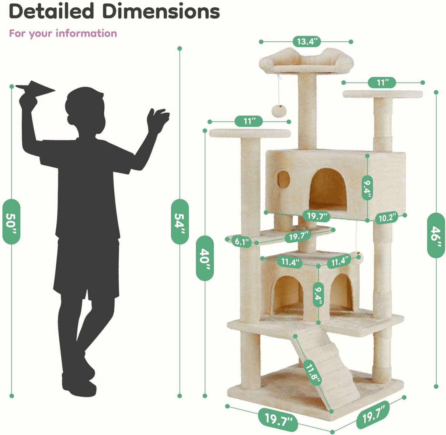 DUMOS 54-inch Indoor Cat Tree Tower –Multi-Level Pet House for Large Cats with 2 Condos, Scratching Posts, Round Platform, Small Ladder, and Toys, Beige - Image 7