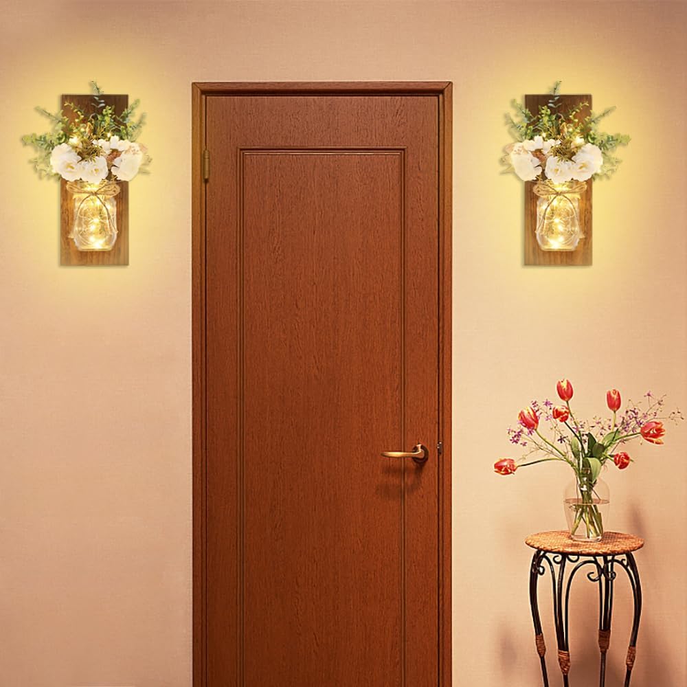 Rustic Wall Sconces Mason Jar Sconces Handmade Wall Art Hanging Design with Remote Control LED Fairy Lights and White Peony, Wall Decor Gift Farmhouse Wall Home Decor Living Room Lights Set of Two - Image 4