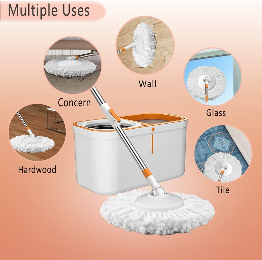 Floor Spin Mop and Bucket Set with Wringer System Extended Stainless Steel Handle 61"for Home Floor Cleaning Use with 5 Replacement Head Refill and 1 Cleaning Brush Head - Image 2