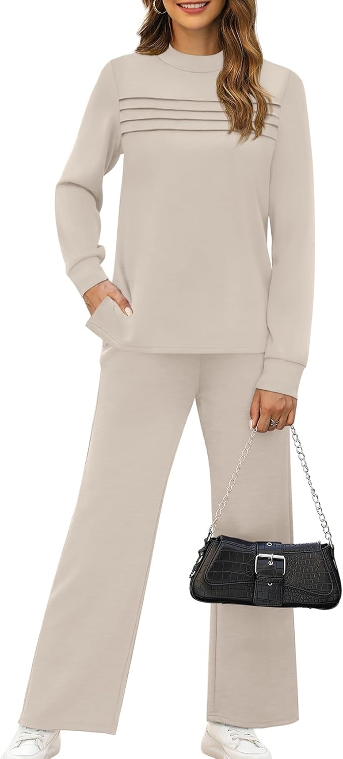 WIHOLL Two Piece Sets for Women Spring Travel Vacation Outfits 2026 Long Sleeve Lounge Sets Side Slit Wide Leg Pants S-3XL - Image 2