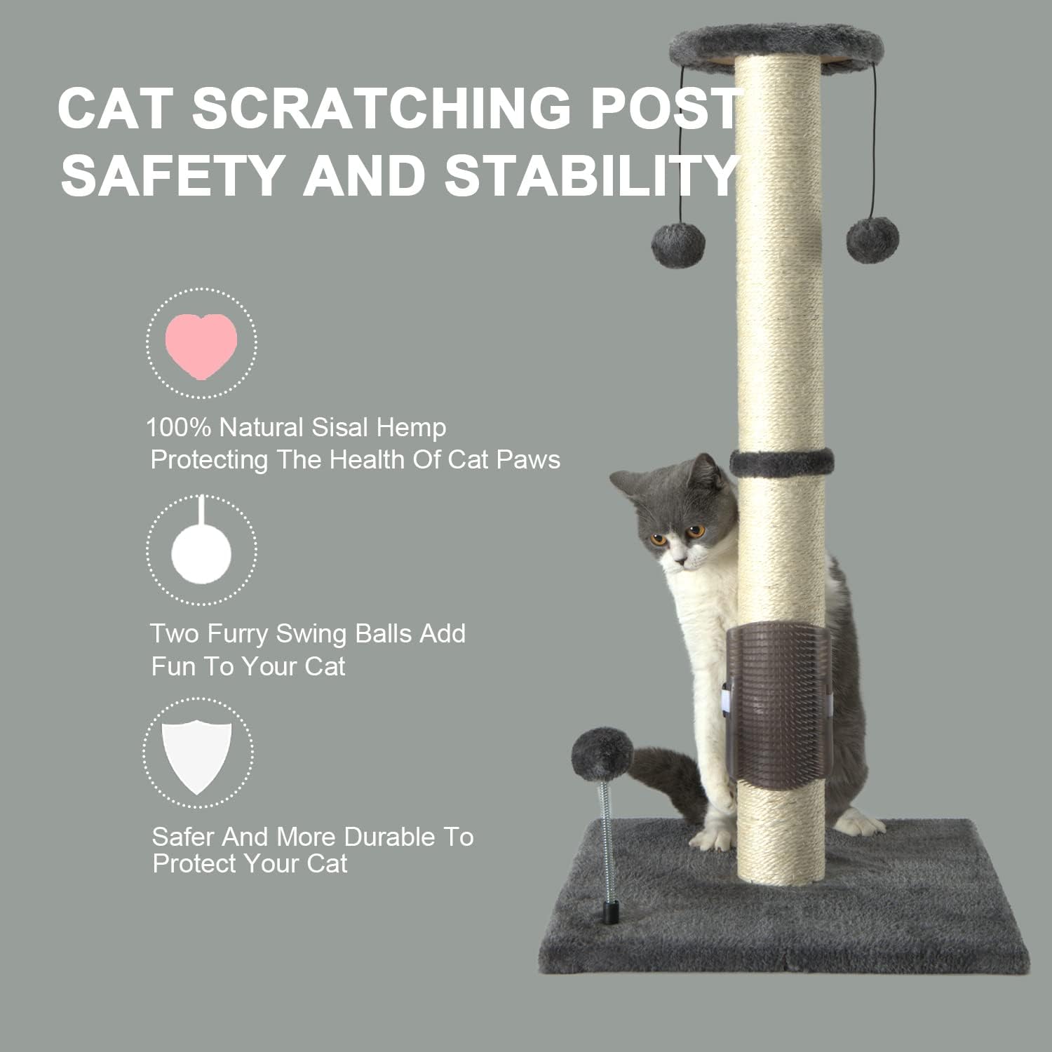 PEEKAB 32" Tall Cat Scratching Post Sisal Scratch Posts,with Hanging Ball and Self-Massage Brush Vertical Scratcher for Indoor Cats and Kittens Gray 32inches - Image 6