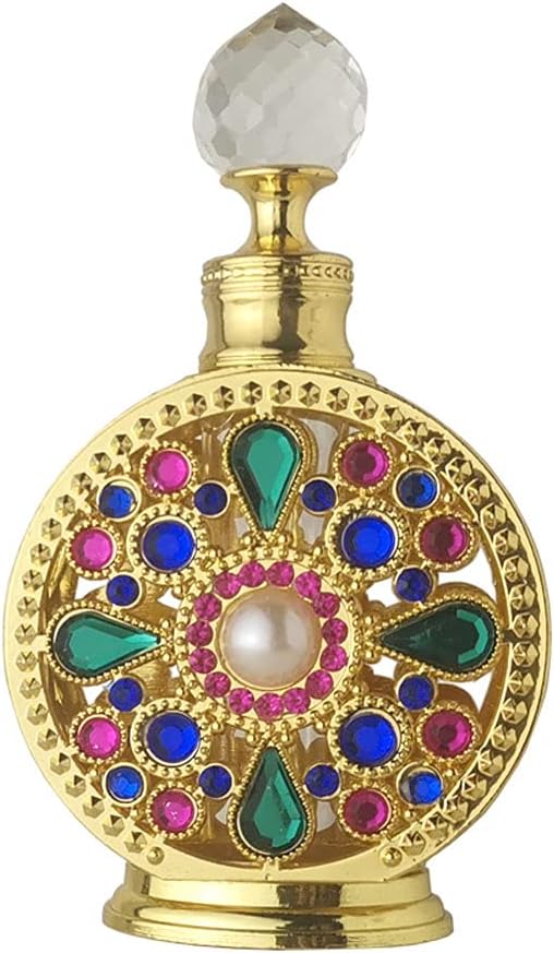 Leadigol 10ML Dubai Arabic Style Rhinestone Empty Perfume Bottle,Refillable Empty Perfume Portable Cosmetic Container Alloy Golden Essential Oil Jar (no perfume in bottle)