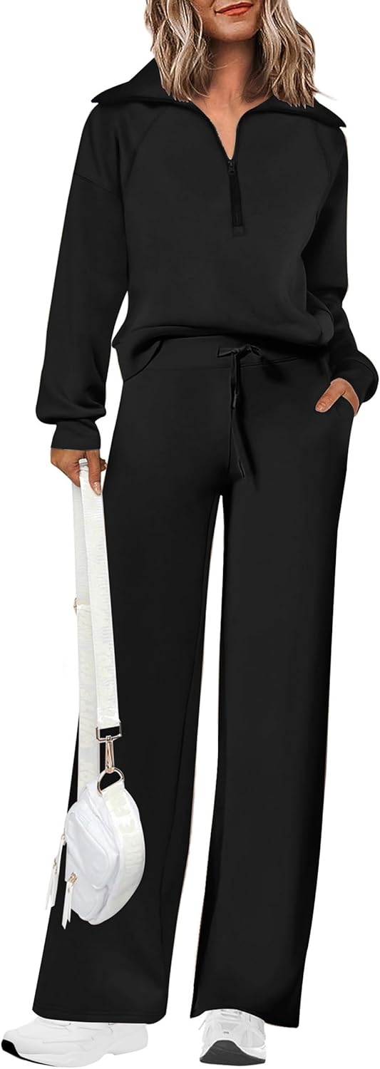 PRETTYGARDEN Women's 2 Piece Outfits Casual Lapel Half Zip Sweatshirts and Wide Leg Pants Tracksuit Sets