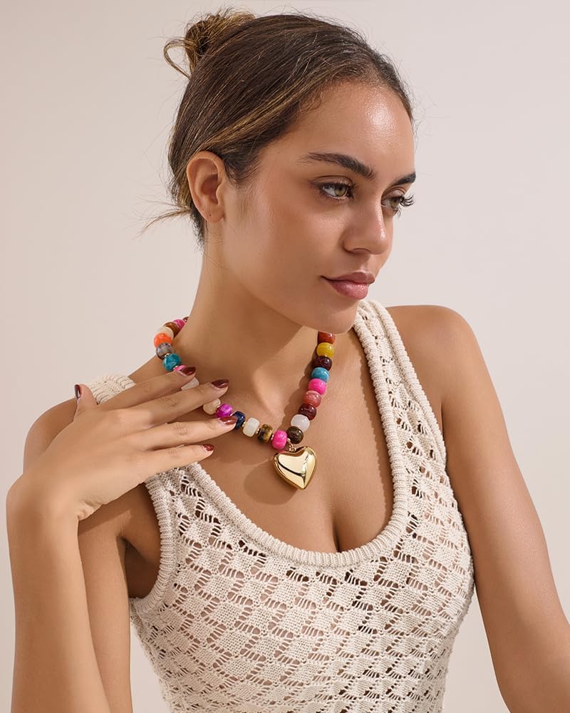 Mothers Day Gifts Puffy Gold Heart Necklaces For Women Chunky Beaded Necklace in Several Colorways Short Heart Choker Statement y2k NecklaceSummer Beach Jewelry Gift - Image 3