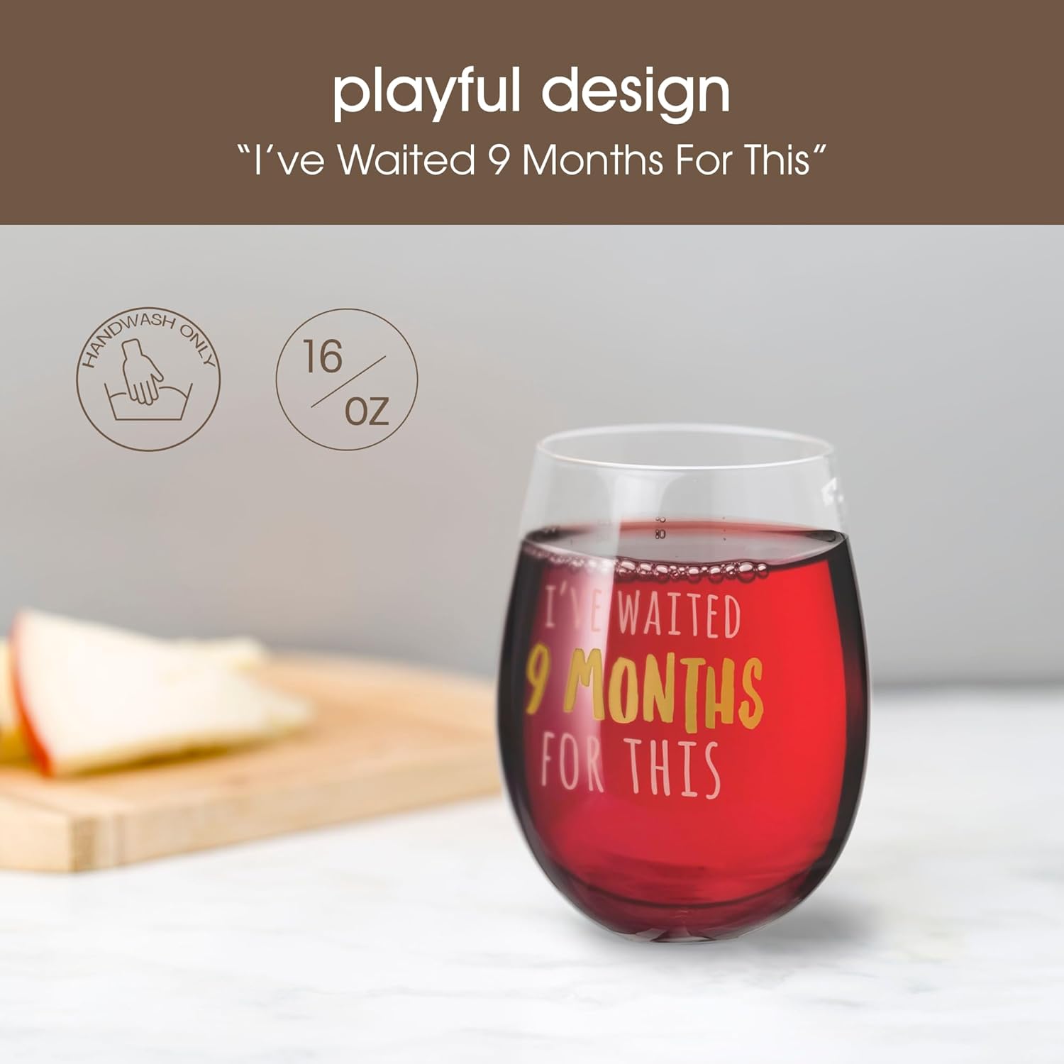 Pearhead I’ve Waited 9 Months Stemless Wine Glass, Mother’s Day Gift for New Mom, Funny Pregnancy Gift, 16 oz - Image 2