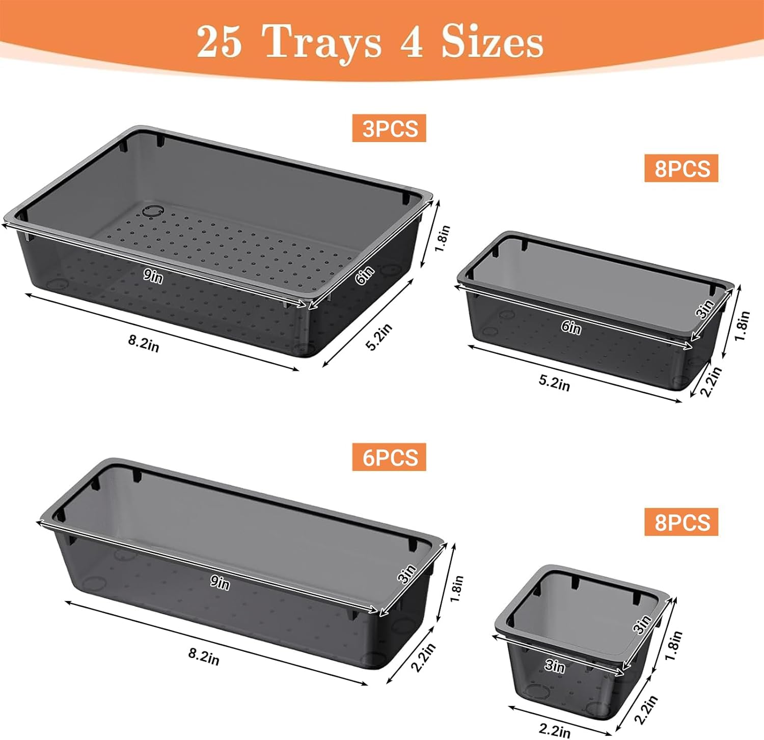 SpaceHacks 25 PCS Plastic Drawer Organizer Set, 4-Size Versatile Organizer Trays & storage Bins for Makeup, Jewelry, and Gadgets in Bathroom, Bedroom and Office,Clear Black - Image 2