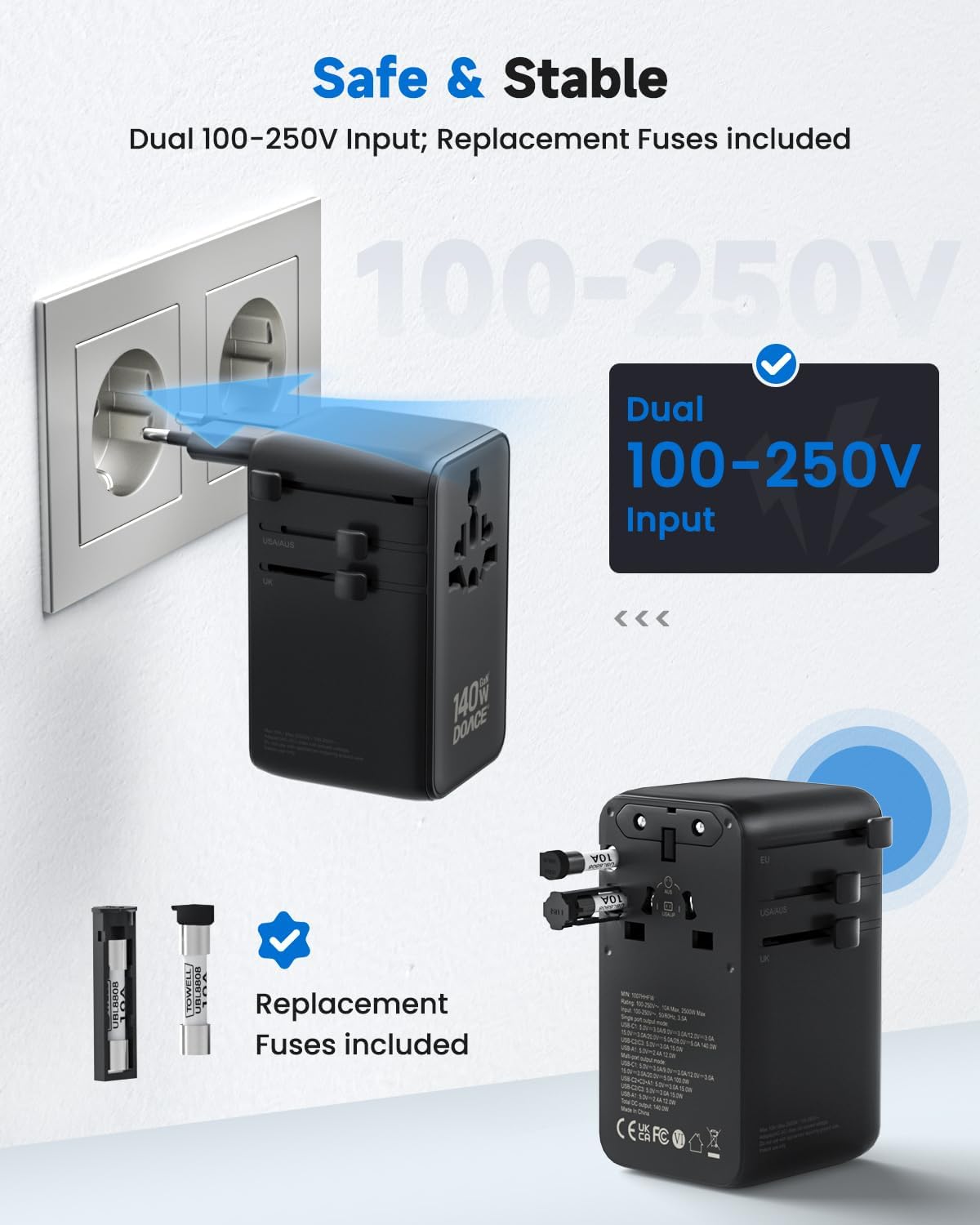 DOACE Universal Travel Adapter, 140W GaN 3.0 European Travel Plug Adapter with Built-in USB-C Cable, 6 in 1 USB-C PD Fast Charging Universal Adapter for Worldwide Travel-EU/UK/USA/AUS - Image 6